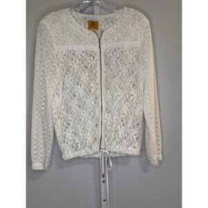 Ruby Rd. Women’s 10 White Lace Zip Jacket Sheer Long Sleeve Drawstring Hem Boho